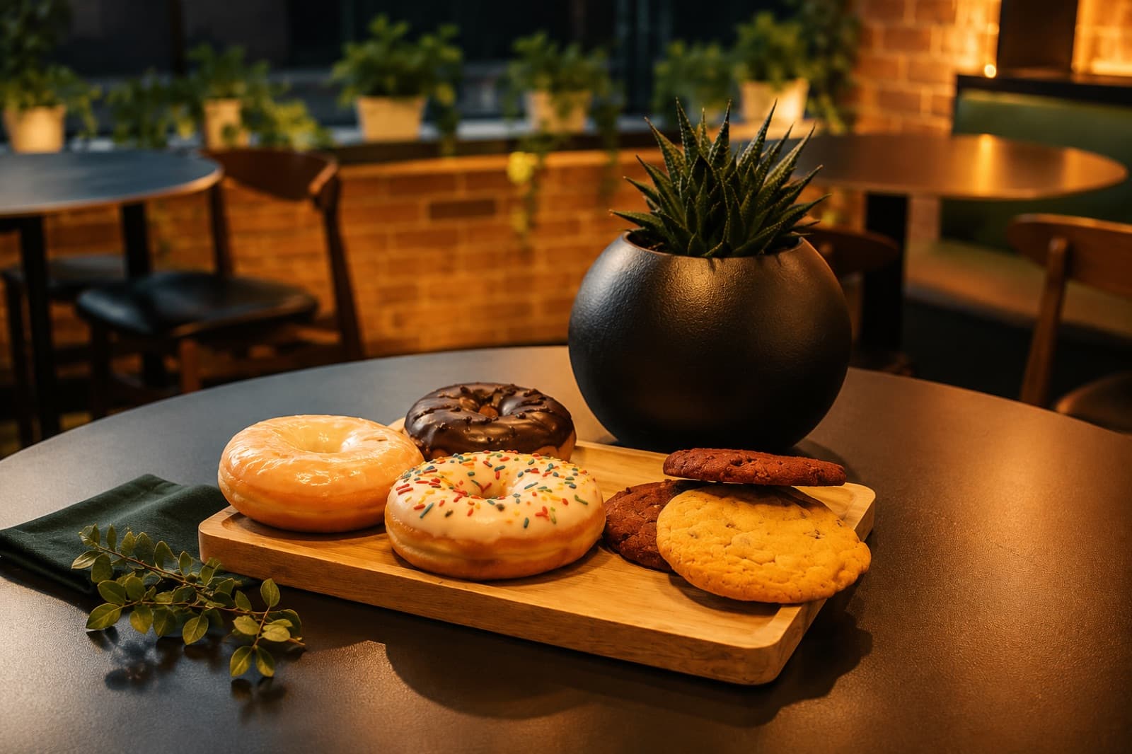 Donuts and cookies arranged on a wooden board