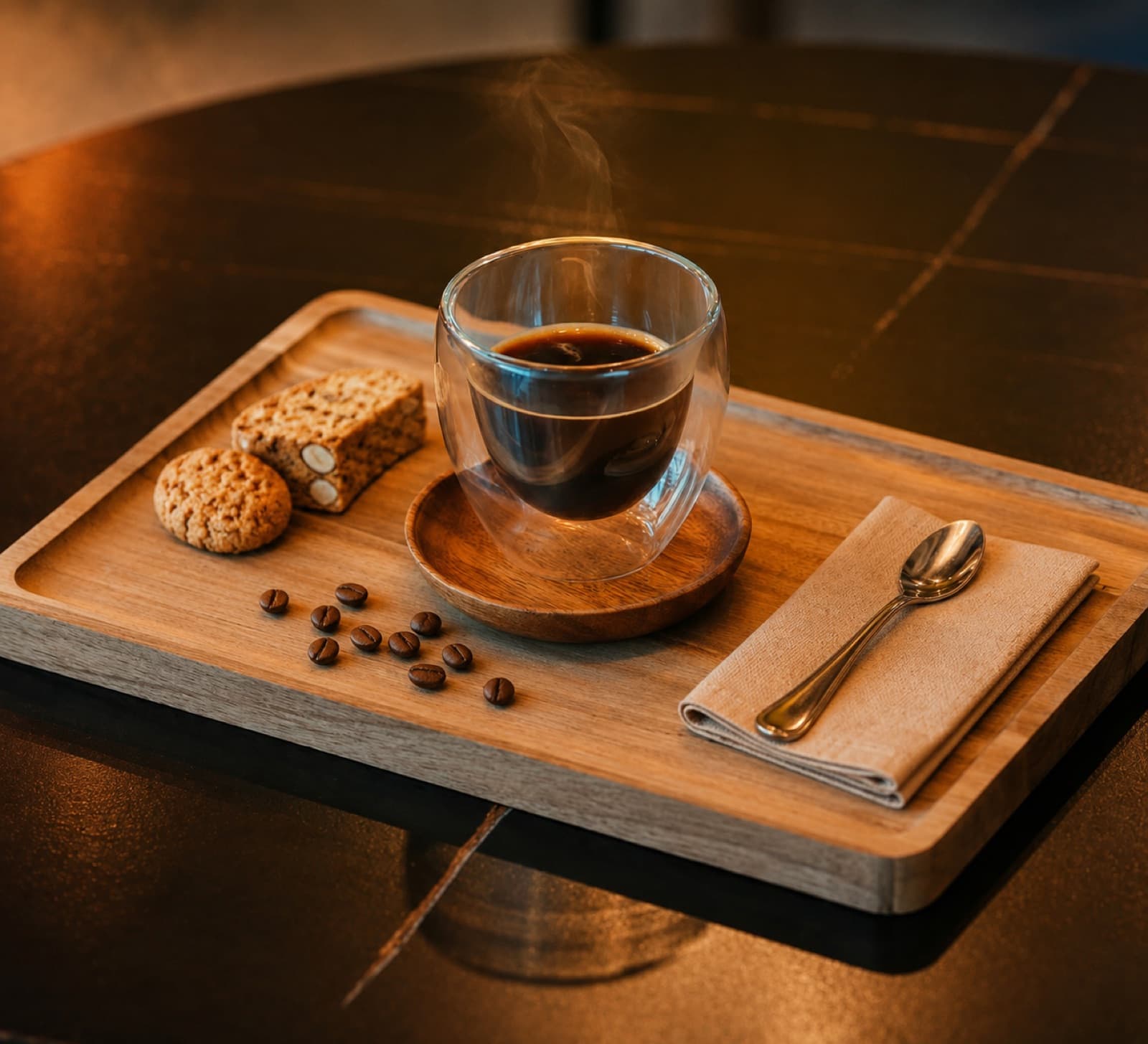 Hot espresso in a glass cup on a wooden tray with biscuits