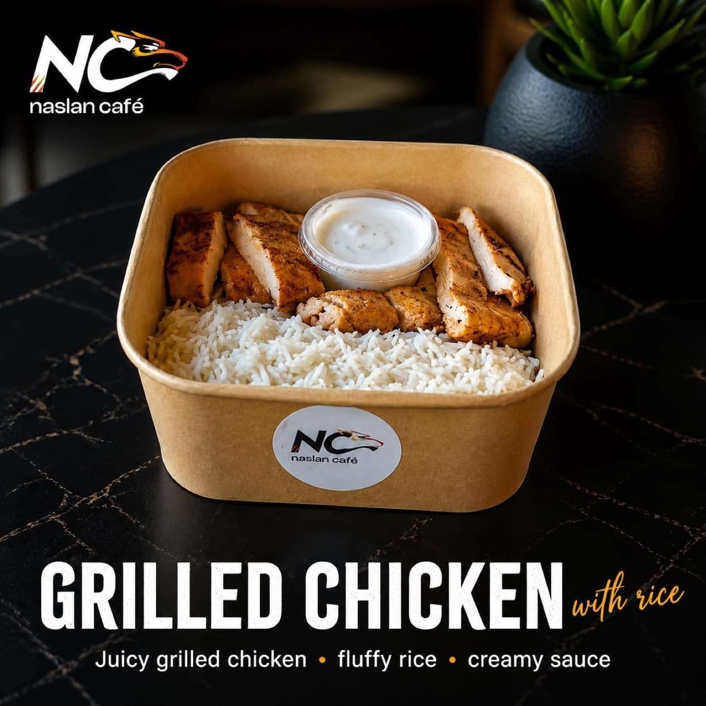 Grilled Chicken with Rice and creamy sauce in a Naslan Café box