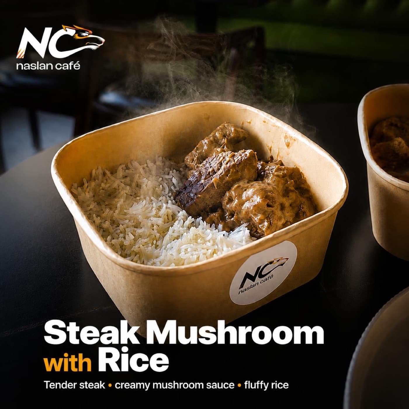 Steak Mushroom with Rice served hot in a Naslan Café box